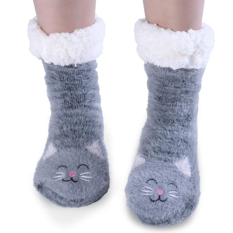 Jeasona Cat Gifts for Women Cat Fuzzy Slipper Socks With Grippers Warm Cozy - Image 1